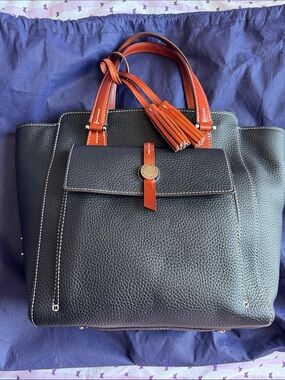 Dooney & Bourke Black Tote with Brown Handle Details